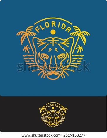 lineart logo panther head badge vector illustration with summer beach theme background in florida and palm trees. can be used for t-shirt design, hat, tourist merchandise