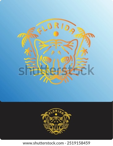 lineart logo panther head badge vector illustration with summer beach theme background in florida and palm trees. can be used for t-shirt design, hat, tourist merchandise