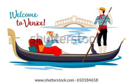 A colorful cartoon drawing, where a young gondolier in a vest and hat drives a tourist on a gondola, sitting on a boat and photographing the Rialto Bridge on a canal in the town of Venice.