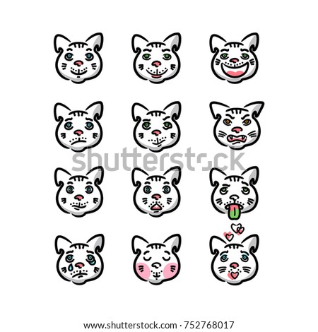 A set of emotion flat icons of a cartoon colored linear cat. Vector, isolated on background.