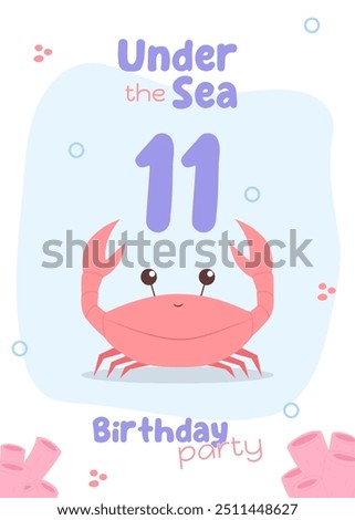 Ocean adventure-themed eleventh birthday invitation. Playful under-the-sea card featuring a red crab and pink corals in light hues.