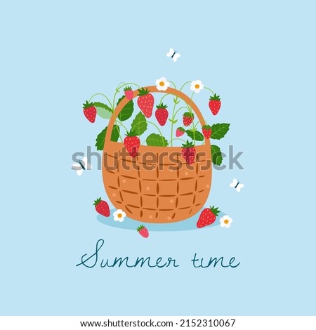 Summer time. Strawberry bushes with flowers in a basket. Vector summer background, postcard, banner.