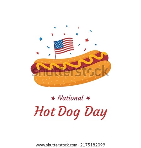 National Hot Dog Day. Design concept of a banner, greeting card. A hot dog with an American flag.