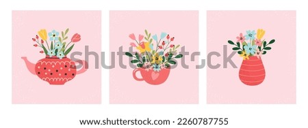 Bouquets of flowers in a teapot, cup, vase. Tulips, daffodils, spring and summer flowers and plants. Suitable for greeting cards, posters, social media. March 8, Women's Day, Mother's Day.