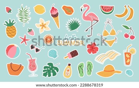 Set of summer stickers. Icons for tropical vacation. Seasonal elements collection. Flamingos, ice cream, pineapple, tropic leaves, cocktails, plumeria, watermelon, beach accessories.