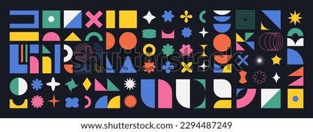 Brutalist abstract shapes, minimalist geometric elements, abstract bauhaus forms. Bauhaus design. Simple star, flower, oval, circle, and other primitive basic form. Swiss design aesthetic. 