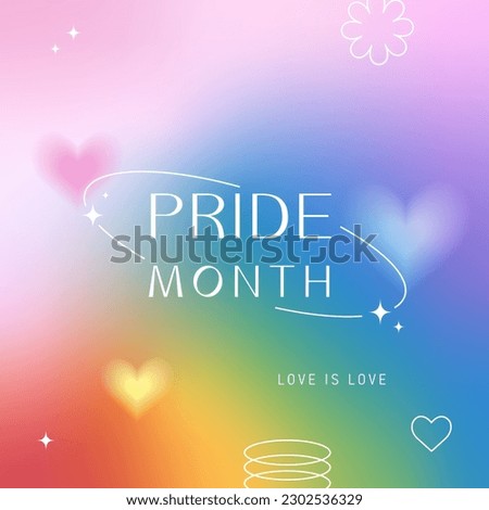 Pride Month, banner, greeting card, poster, cover. LGBT colorful rainbow concept. Trendy blurred gradient, geometric shapes, typography, y2k background. Social media template.