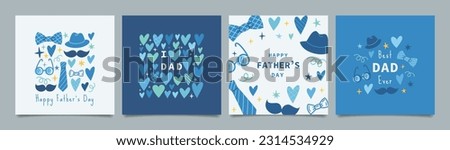 Set of Father's Day greeting cards with necktie, mustache, hat, tie, glasses. Blue colors. Father's Day cartoon holiday illustration for banner, template, poster, flyer, social media.