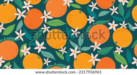 Tropical fruit seamless pattern. Summer background with oranges and flowers. Modern trendy design for paper, cover, fabric. Vector illustration.