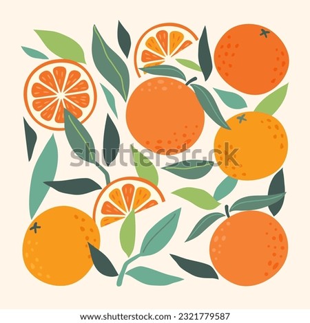 Modern abstract illustration oranges with leaves and branches. Fruits pattern. Modern botany art print. Set of citrus tropical fruits. Summer vector design for invitations, posters, cards, banners
