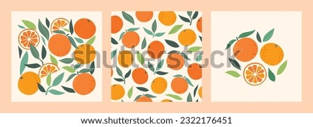 Collection modern abstract prints and seamless pattern with oranges and leaves. Modern art print. Set of citrus tropical fruits. Summer vector design for cards, invitations, posters, banners.