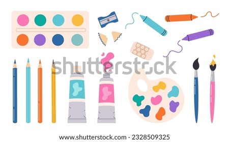 Painting tools elements vector set in cartoon style. Art supplies: paint tubes, brushes, pencils, watercolor, palette, crayons. Vector hand draw illustration.