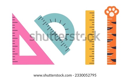Set of vector school rulers. Flat cartoon style. Cute stationery. Ruler, Triangle Ruler, Protractor. Hand drawn illustration isolated on white background.