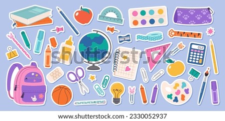 Big set of school supplies and education stickers. Back to school. Backpack, books, globe, pencil box, paints, ruler, pen, pencil. Suitable for prints, cards, paper crafts, scrapbooking.