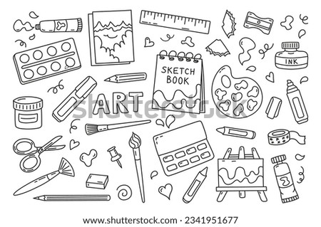 Hand drawn set of artist tools doodle. Art supplies in sketch