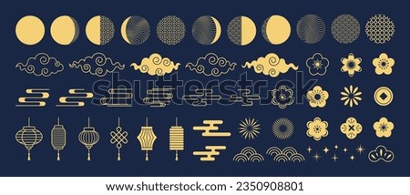 Mid Autumn Festival. Chinese traditional ornaments. Set of gold decorative elements, rabbits, moon, flowers, mooncakes, fireworks, lanterns, clouds. Concept for holiday decor, card, poster, banner.