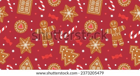 Christmas seamless pattern with gingerbread. Holiday winter background with cookies and candies. Flat vector illustration.