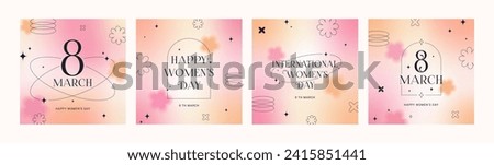 8 March. International Women's Day banner, set greeting card. Trendy gradients, blurry shapes, typography, y2k, linear forms. Minimalist vector design for party, ads, cover, social media templates.