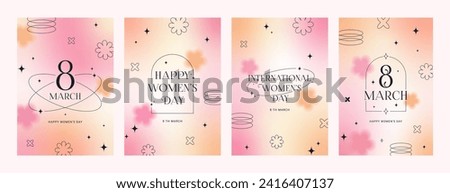 8 March. International Women's Day banner, set greeting card. Trendy gradients, blurry shapes, typography, y2k, linear forms. Minimalist vector design for party, ads, cover, social media templates.