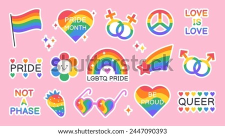 Set of LGBT sticker on pink background. Symbol of the LGBTQ community. Pride month stickers. LGBT rainbow flag. Vector collection of LGBT flat style icons.
