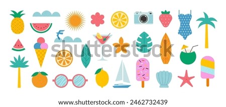 Summer icons set. Holiday beach elements for tropical vacation. Minimalist geometric style. Boat, surfboard, watermelon, lemon, seashell, photo camera, palm tree. Vector flat illustration.