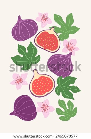 Abstract fruit poster. Modern print with hand drawn fig, leaves and flowers. Paper cut contemporary art elements. Trendy design for wall decor, postcard, cover, packaging, t shirt.