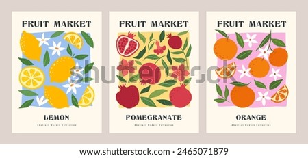 Fruit Market abstract retro posters set. Trendy contemporary wall arts with lemon, pomegranate orange in bright colors. Modern naive groovy interior painting. Hand drawn vintage fruits and plants. 