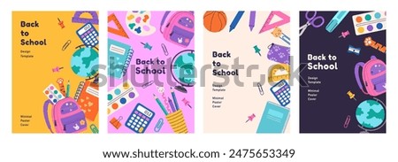 Set of trendy minimal school posters with school supplies and typography. Back to school, study concept. School background, cover, banner, flyer design. Template for advertising, web, social media.