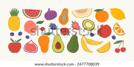 Hand drawn colorful fruits and berries. Trendy abstract minimal style. Natural tropical fruits. Fig, cherry, apple, peach, lemon, banana, avocado, pomegranate, pineapple, melon. Vector illustration.