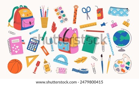 School supplies set. Backpack, book, globe, paints, ruler, pen, pencil, calculator, pencil box, brushes, glue. Vector illustration for study, school, university.