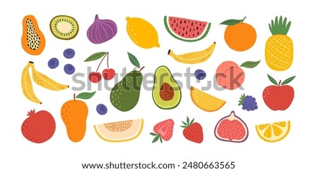 Set hand drawn colorful fruits and berries. Modern abstract minimal style. Natural tropical fruits. Cherry, apple, peach, lemon, banana, pomegranate, pineapple, fig, melon. Vector illustration.