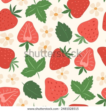 Vector seamless pattern with strawberry. Trendy summer background with hand drawn strawberry, flowers and leaves. Modern abstract design for paper, cover, fabric.