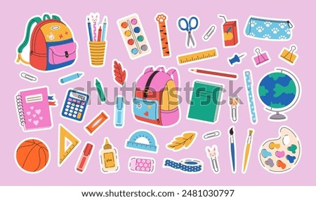 Set of school supplies and education stickers. Back to school. Backpack, book, globe, paints, ruler, pen, pencil, calculator, brushes, glue. Perfect for prints, cards, paper crafts, scrapbooking.