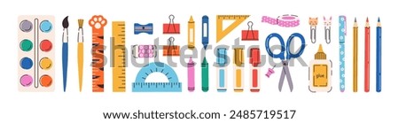 School supplies set. Stationery kit for studying and creativity. Paints, ruler, pen, pencil, crayons, markers brushes, glue, scissors, paper clips. Vector hand drawn illustration.