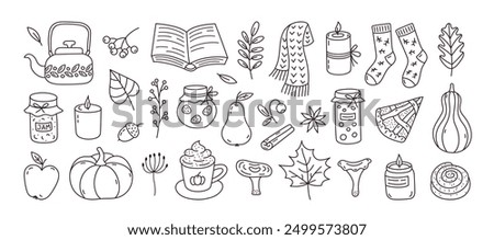 Set of hand drawn autumn doodles. Scarf, candles, hot cocoa, socks, pie, apple, jam, leaves, berries, acorns and mushrooms. Cozy fall collection. Cute season stickers. Vector illustration.