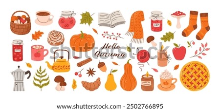 Cozy hand drawn autumn elements. Cute fall stickers, scarf, candles, hot cocoa, socks, pie, pumpkin spice latte, mug, jam, leaves, mushrooms. Vector flat illustration. Perfect for scrapbooking.