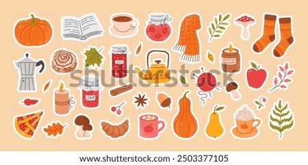 Autumn sticker set. Cozy fall icons. Scarf, candles, hot cocoa, socks, pie, pumpkin spice latte, mug, jam, leaves, mushrooms. Cute autumn holiday elements. Vector flat illustration.