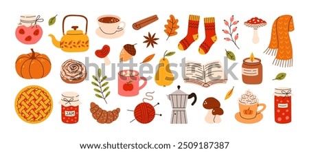 Autumn hand drawn sticker set. Cozy hygge fall icons. Scarf, candle, hot chocolate, socks, pie, pumpkin spice latte, mug, jam, leaves, mushroom. Cute autumn doodle. Vector flat illustration.