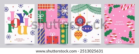 Set of Merry Christmas poster or greeting card. Trendy modern design with gifts, holly, snowflakes, branches Christmas tree decorated  balls and toys. Vector templates for banner, holiday cover.