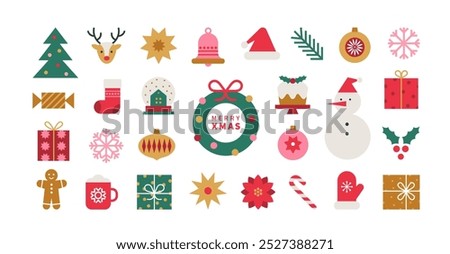 Set of Christmas minimalist geometric elements. Xmas abstract icons in minimalist style. Christmas tree, snowman, gifts, deer and holiday decoration. Modern vector flat illustration. 