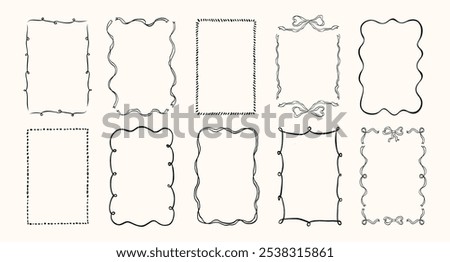 Doodle hand drawn frames with wavy lines, bows and ribbons. Minimalist simple line art. Trendy vintage whimsical borders for wedding invitations, birthday card, prints. Vector modern illustration.