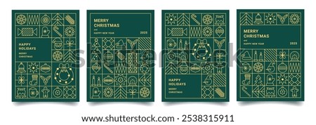 Set of Merry Christmas and Happy New Year geometric minimalist card in line style. Luxury Xmas backgrounds. Modern Christmas pattern with gold line icons. Perfect for invitation, poster, cover.