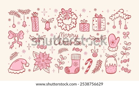 Hand drawn Merry Christmas doodle icons set. Vintage ink drawings sketch style. Christmas tree, gift boxes, stars, winter holiday pattern, stocking, Christmas toys, snowflakes, bows, holly. 