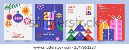 Set of Merry Christmas poster or greeting card. Trendy modern design with gifts, holly, snowflakes, branches Christmas tree decorated  balls and toys. Vector templates for banner, holiday cover.