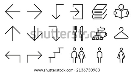 Way finding outline icon set. Arrows, ladder, exit, cafeteria, buffet, library, reading room, wardrobe, toilet line symbols.  Pictograms for public places. Vector graphics