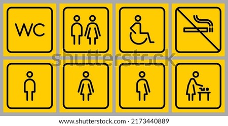 Toilet line icon set on yellow backgrounds. WC sign. Man, woman, mother with baby and handicap symbol. Restroom for male, female, transgender, disabled. Vector graphics