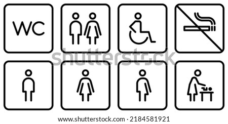 Toilet outline icon set.WC line sign. Man,woman,mother with baby and handicap symbol.Restroom for male, female, transgender, disabled.Editable stroke. Vector graphics