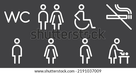 Toilet line icon set. WC sign. Man,woman,mother with baby and handicap symbol. Restroom for male, female, transgender, disabled. Editable stroke. Vector graphics