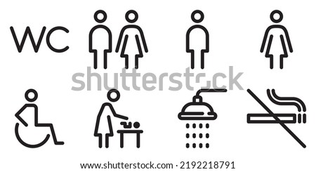 Toilet line icon set. WC sign. Man,woman,shower, mother with baby and handicap symbol. Restroom for male, female, disabled. Vector graphics
