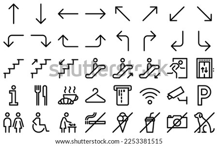 Way finding outline icon set. Arrows, staircase, exit, elevator, cafeteria, buffet, wardrobe, atm, wi-fi, cctv, parking, toilet line symbols. Prohibition pictograms in linear style. Vector graphics